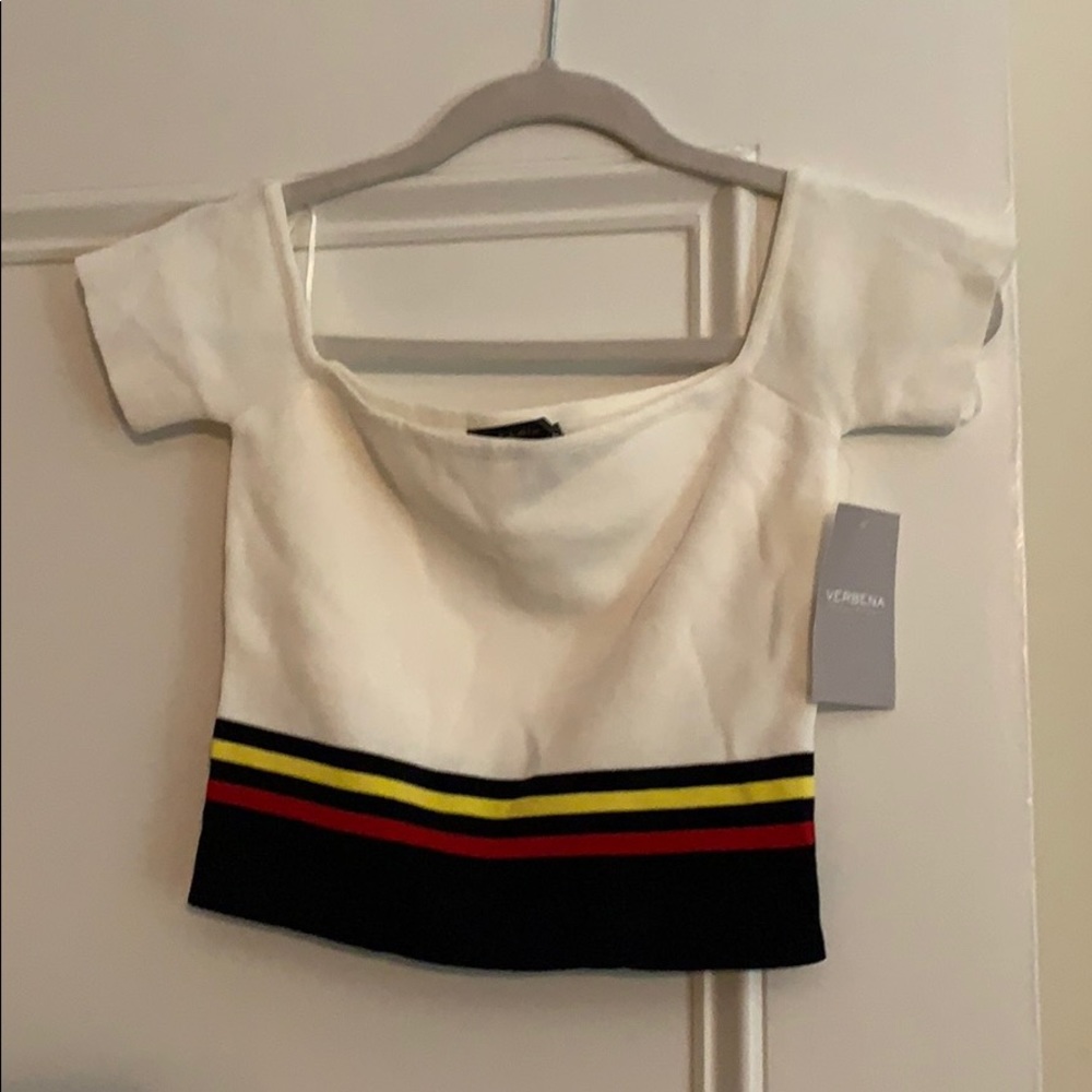 Verbena sweater top off shoulder with stripe hem